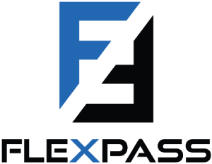 A green background with the word flexpass in black and blue.