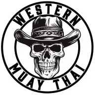 A black and white image of the western muay thai logo.