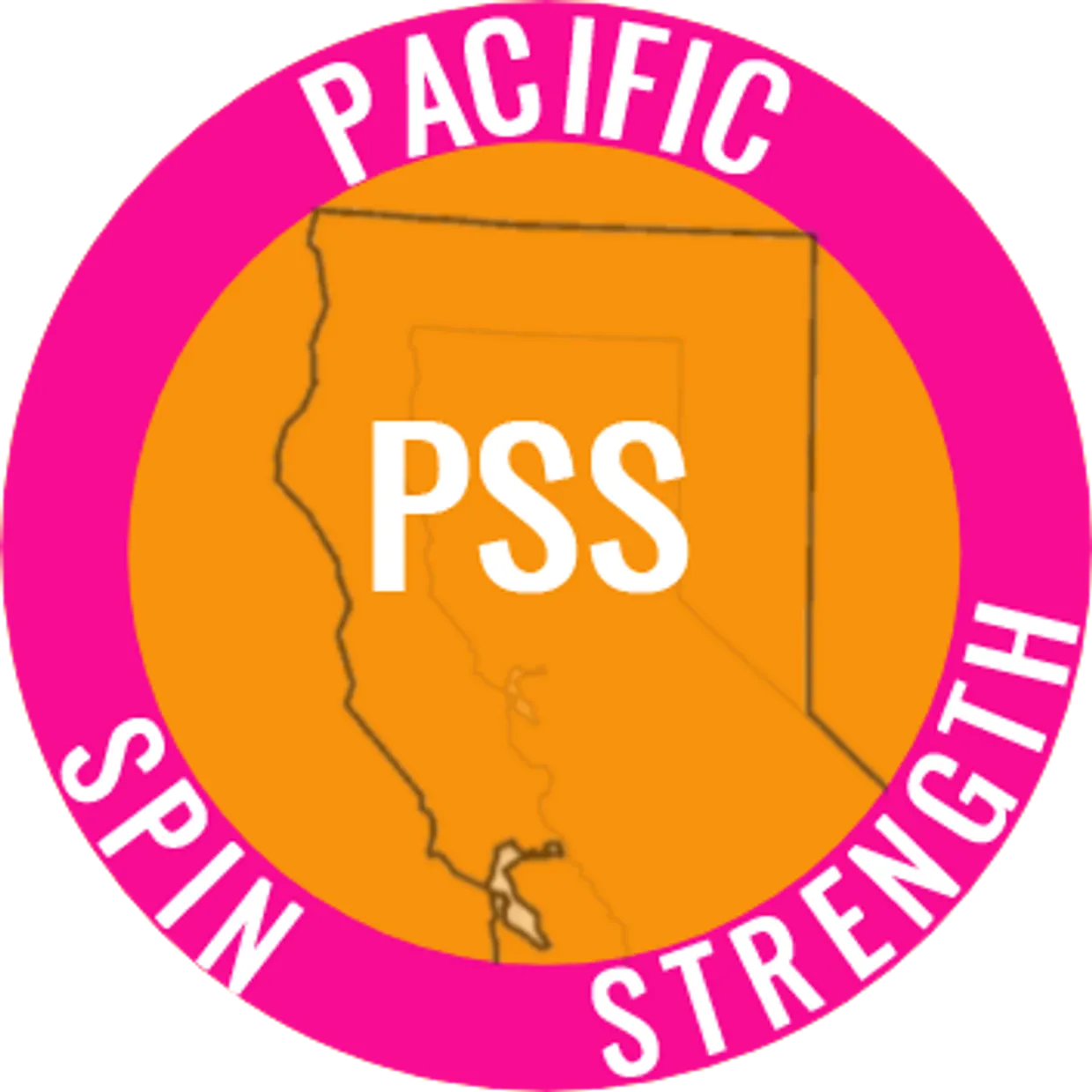 A pink and orange logo for pacific spin strength.