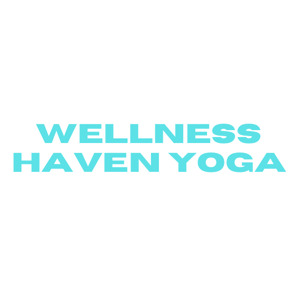 A blue and white logo of wellness haven yoga.